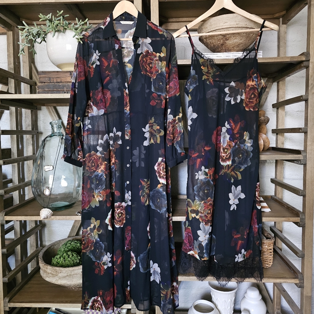 Soft Surroundings Anais Dark Floral Maxi Dress Sheer Button Down Lace Trim Slip